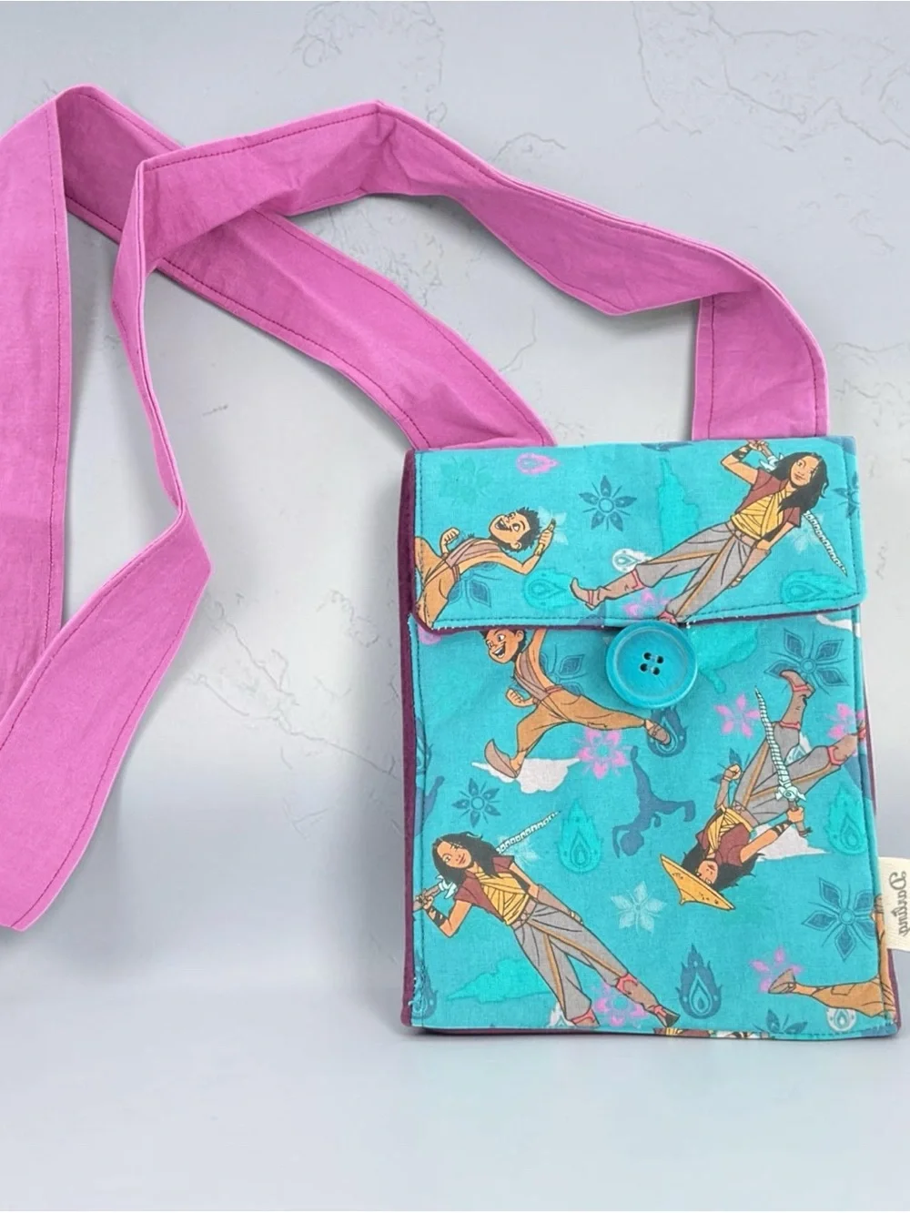 Turquoise Raya and the Last Dragon Printed Crossbody Phone Bag with Lilac Strap